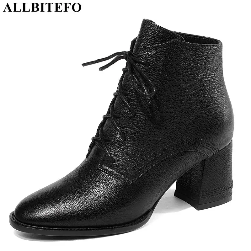 

ALLBITEFO thick heel genuine leather square toe winter women boots sweet bowtie high heels ankle boots for women martin boots
