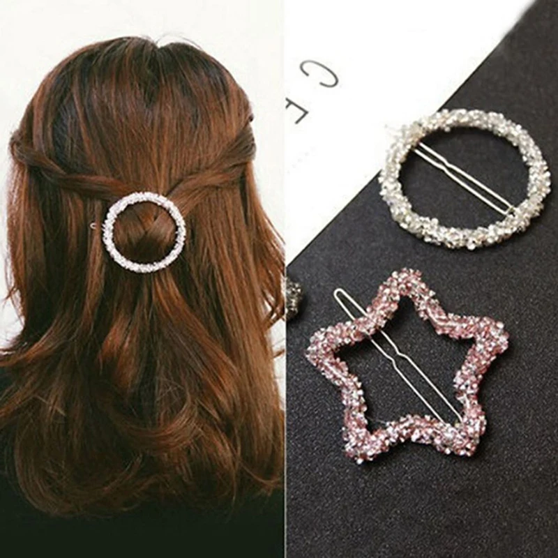 1Pcs Fashion Crystal Rhinestones Hair Clip Hairpin Star Triangle Round Shape Women Hair Clips Barrettes Hair Styling Accessories
