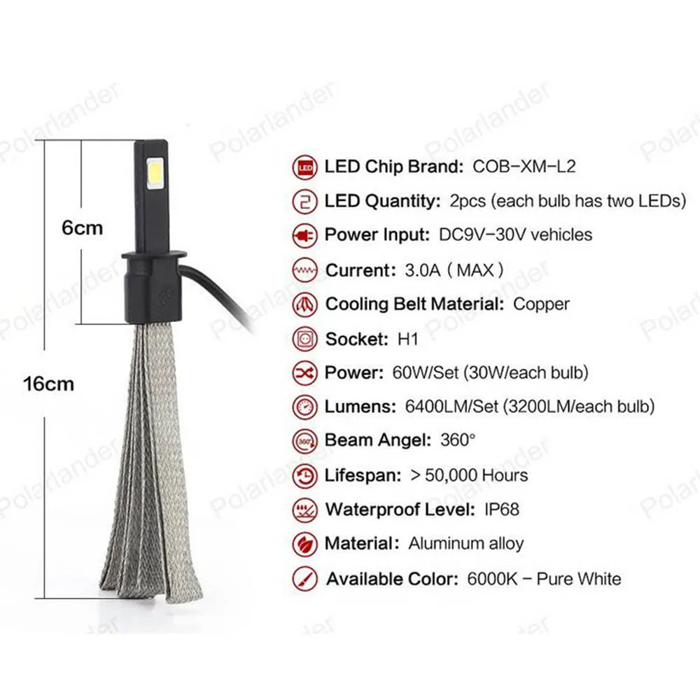 

2 PCS 30W 3200LM H1 Car LED Spot lamp WaterProof 12V 6000K Headlight Bulb