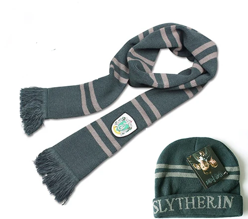 Шарф волшебника Гриффиндор шарф+ шапка/шапка+ галстук+ носки мягкие теплые шарфы Гермиона Рон костюмы подарок на Хэллоуин - Цвет: Slytherin Scarf Cap