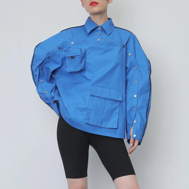 

[YaLee] New Fashion 2019 Summer Blue Personality Patchwork Pocket Button Blouse Lapel Long Sleeve Large Size Shirt Women A338