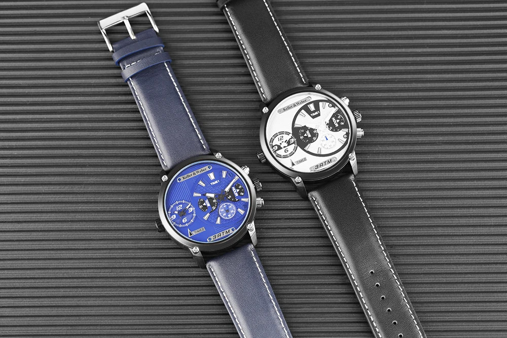 Keller & Weber Business Men's Watches Dual Time Zone Quartz Wrist Watch Genuine Leather Band Male Wirst Clock  (28)