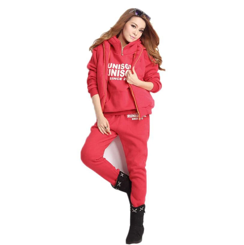 Новые толстовки с капюшоном, куртка, утолщенные толстовки, зимние женские 3 шт, костюм размера плюс, женская теплая спортивная одежда, штаны, Повседневная Уличная одежда - Цвет: red