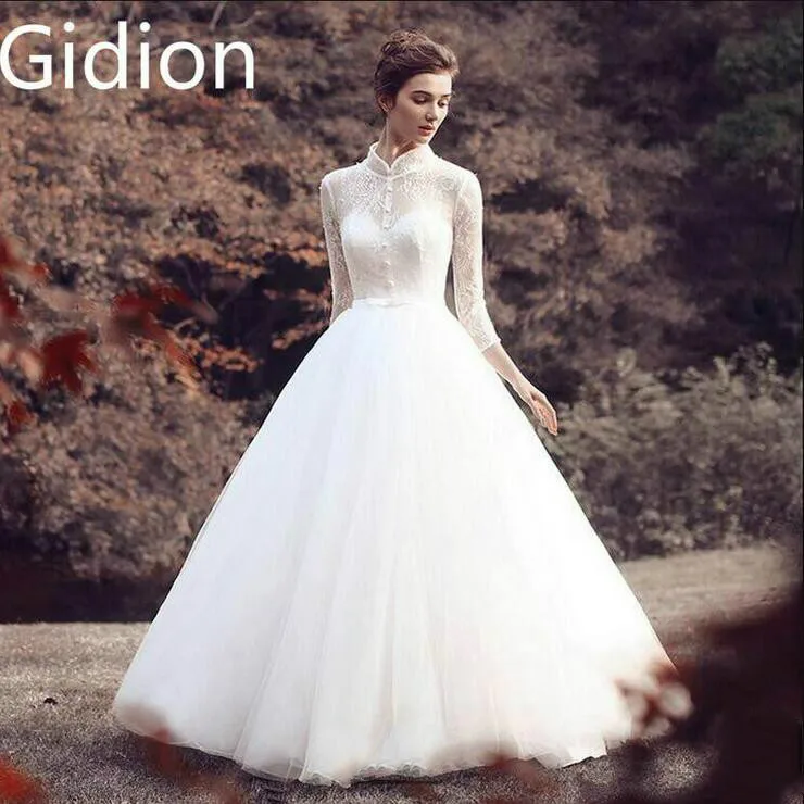 

Robe De Soiree white lace beading high neck wedding dress sheer back sexy 3/4 sleeves real picture wedding gowns best selling