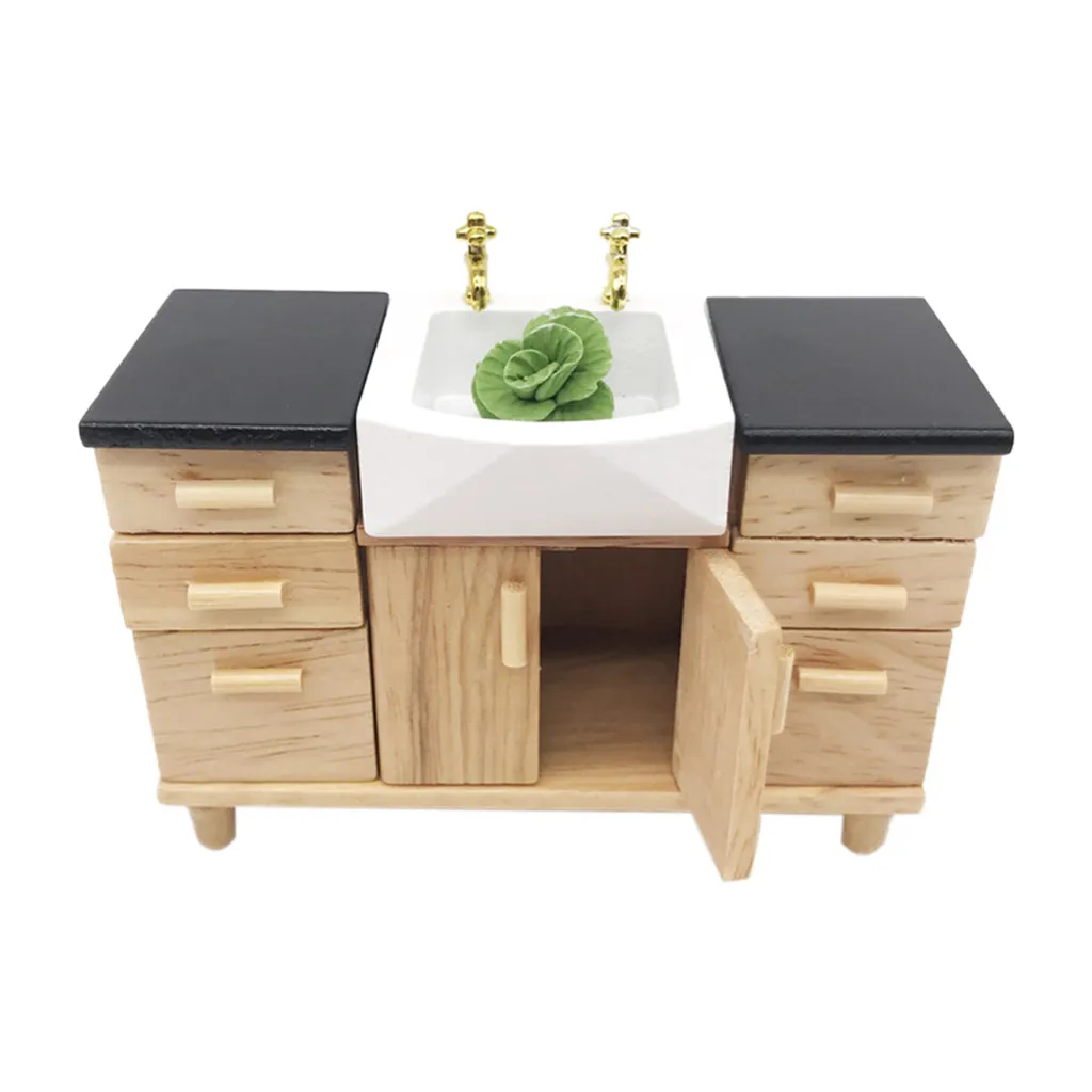 

Wooden Kitchen Cabinet Pretend Play Toy 1:12 Dollhouse Miniature Furniture Wooden Kitchen 1set Miniature A513