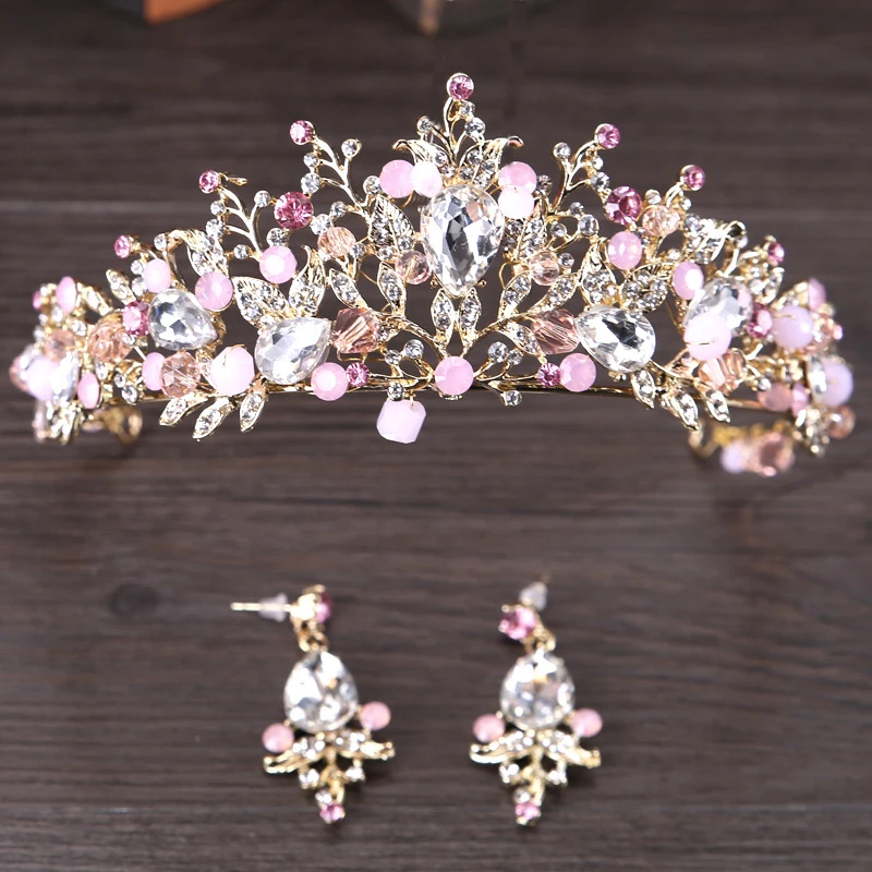 

Pink Gold Pearl Bridal Crowns Handmade Tiara Bride Headband Crystal Wedding Diadem Queen Crown Wedding Hair Accessories