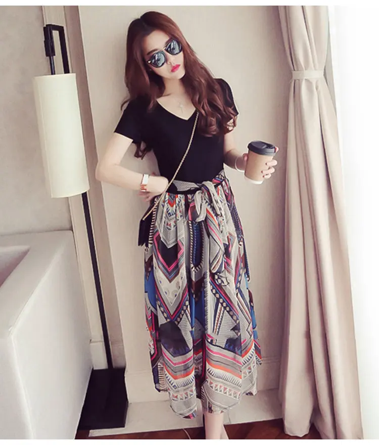 2018 Summer Plus Size Dresses Women Fashion Print Dress Casual Fake Two Pieces Dress Women Short Sleeve Long Vestidos Mujer Dress (3)