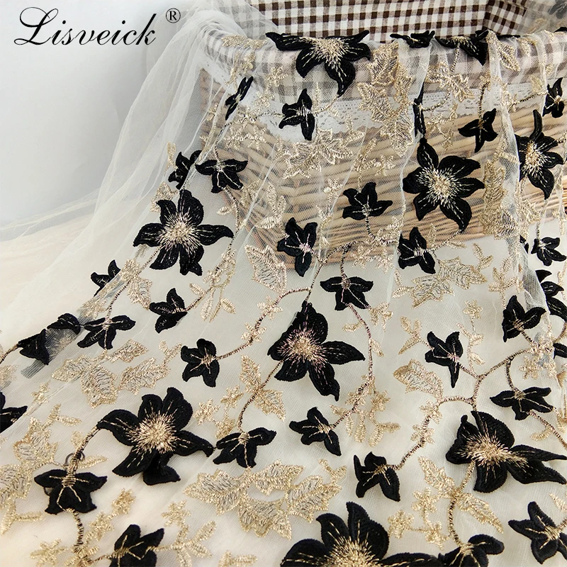 1 ярдов качественная французская кружевная ткань Цветочная вышивка золотая нить африканская вуаль швейцарская кружевная ткань для одежды платье Черное