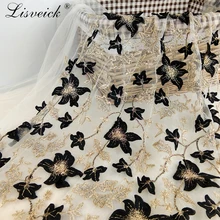 1 ярдов качественная французская кружевная ткань Цветочная вышивка золотая нить африканская вуаль швейцарская кружевная ткань для одежды платье Черное