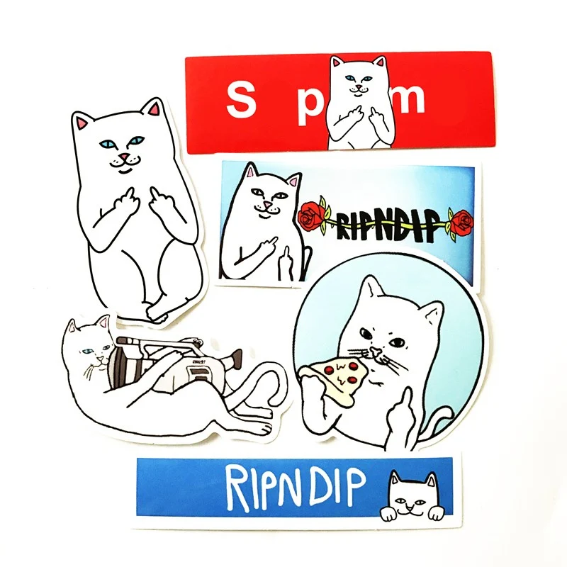 6pcs lot Ripndip White cat Erect middle finger skateboard decal Notebook trolley case backpack Table PVC