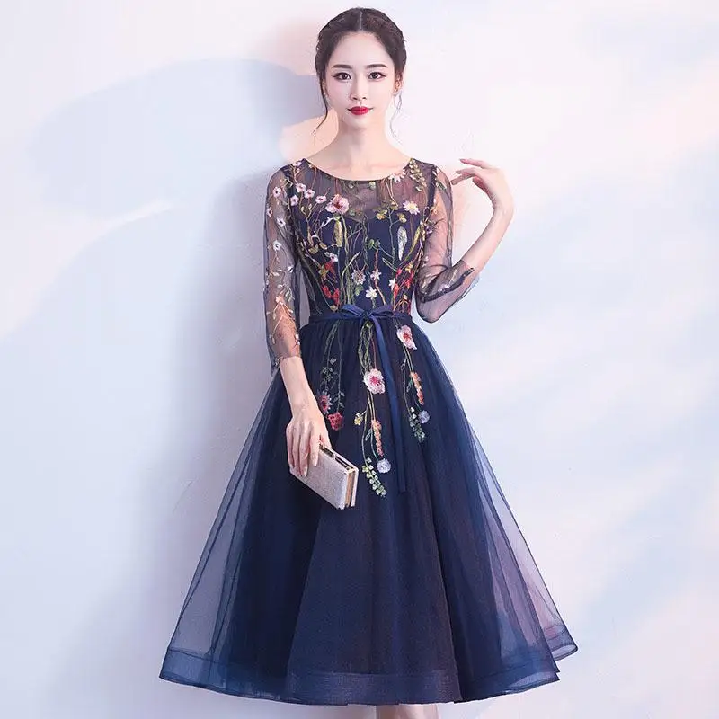 Champagne Women Cocktail Mini Dress Lace Vestido De Noche Elegante Embroidery Flower Formal Gown Sexy Belt Robe De Soiree - Цвет: Navy blue 2