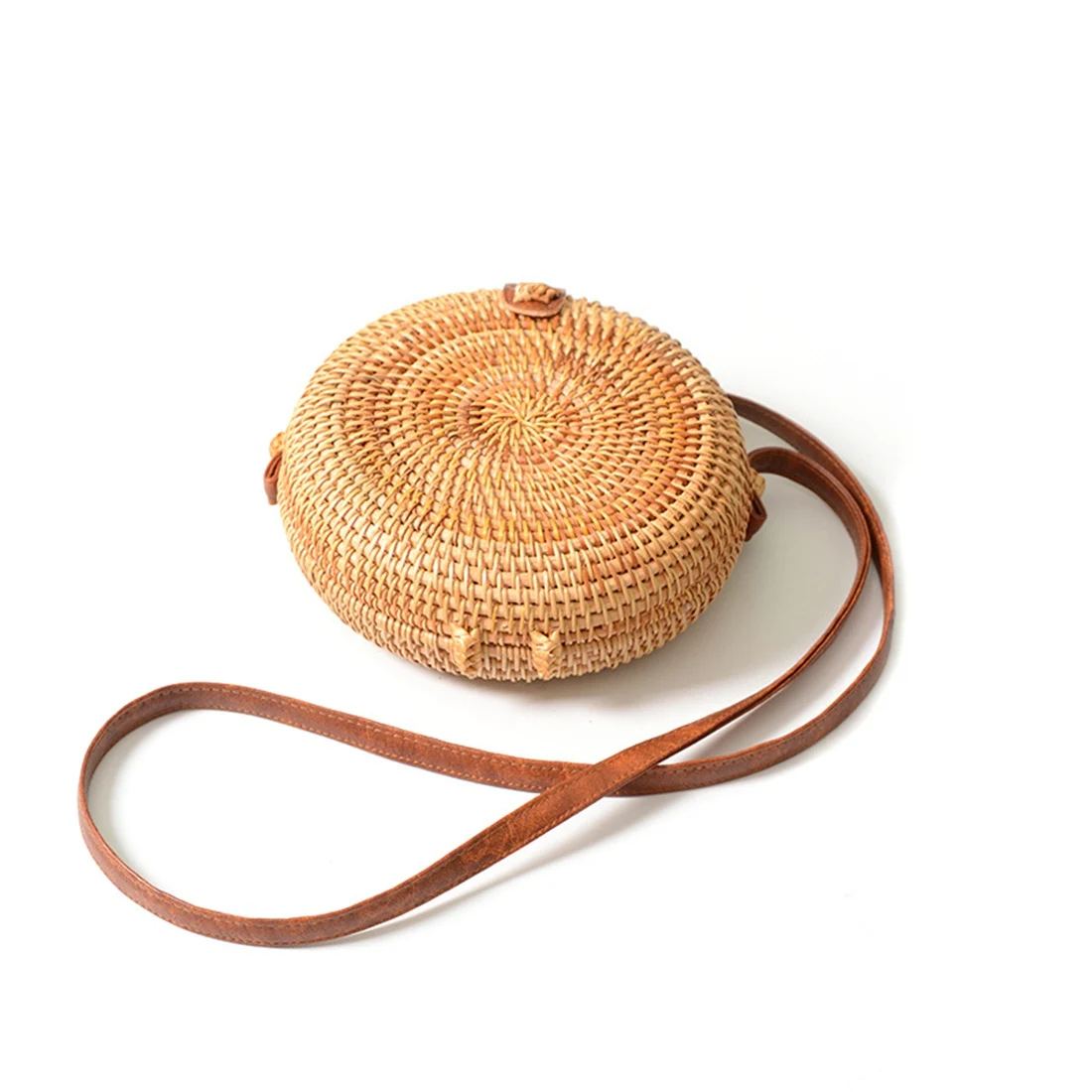 

HCH-INS new ladies hand-woven bag round rattan retro literary hand-woven leather buckle package Bohemia Beach Messenger bag