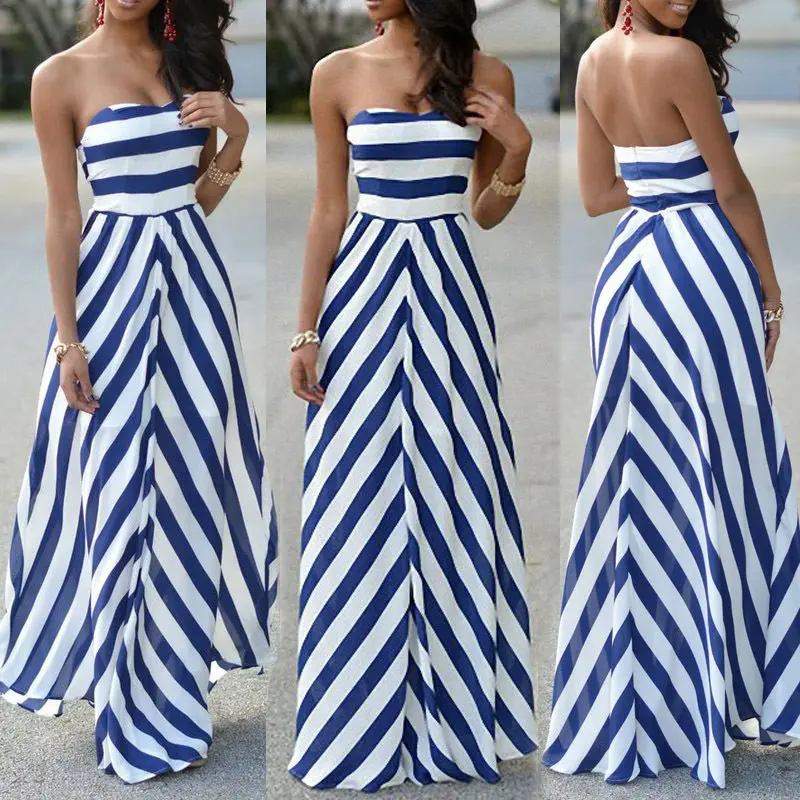 

Women Sexy Summer Dress Maxi Sleeveless Strapless Striped Long Evening Party Dress Beach Dress Casual Fashion Sundress