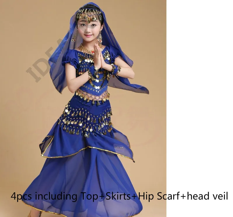 Индийский танец живота Болливуд танцевальные костюмы для детей набор профессиональных детей девочек Восточный Танец Топ юбка хип шарф - Цвет: blue 4pcs