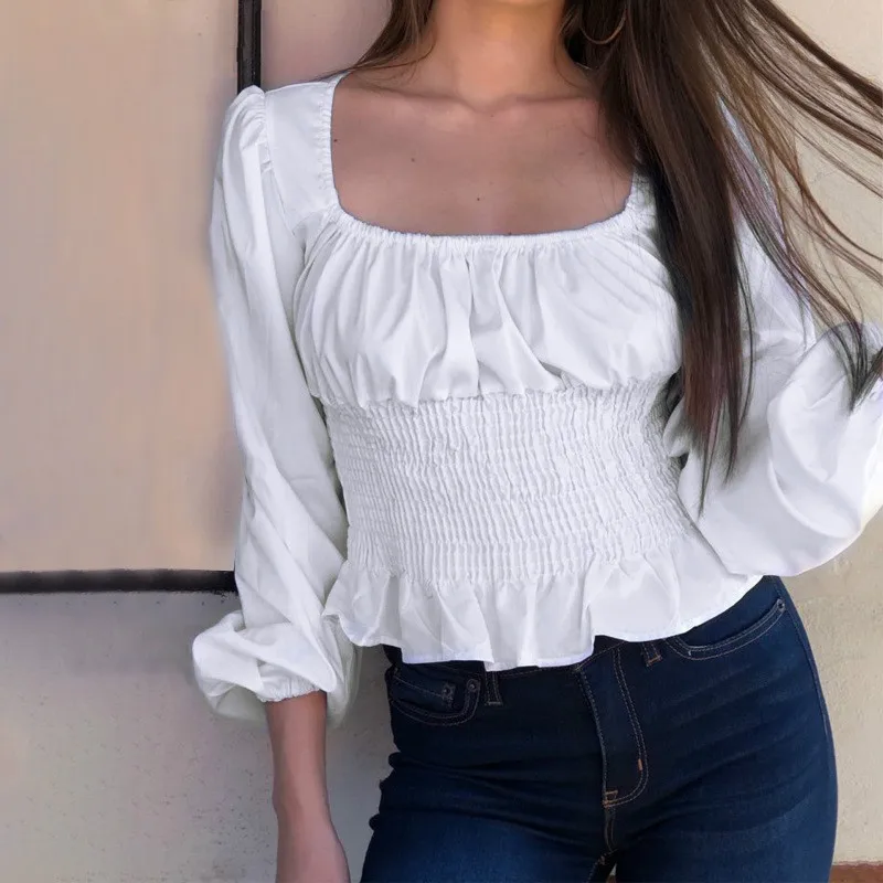 

Sweet Girl Lolita Style Solid Square Collar Lantern Sleeve Blouses Elegant Long Sleeve Women Blouse Summer Ruffle Peplum Shirts