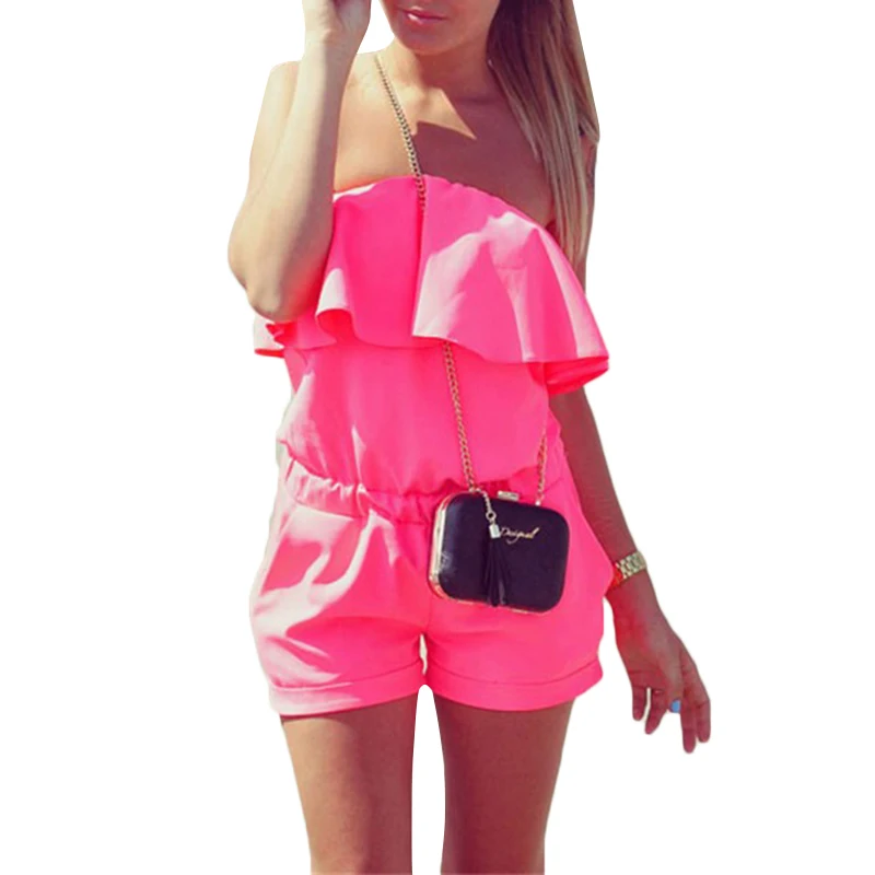 

SHUJIN 2018 Summer Rompers Womens Solid Jumpsuit Off Shoulder Ruffle Charming Sexy Short Bodysuit Elastic High Waist Jumpsuit