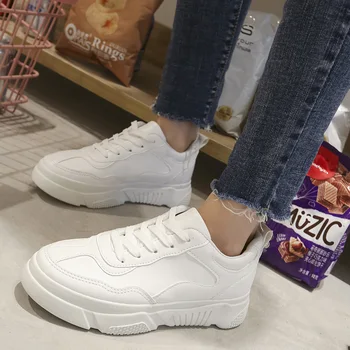 

White Beige Sneakers 2019 New Women Vulcanize Shoes Fashion Women Flat Walking Shoes Casual Lace Up Thick Bottom Shoes