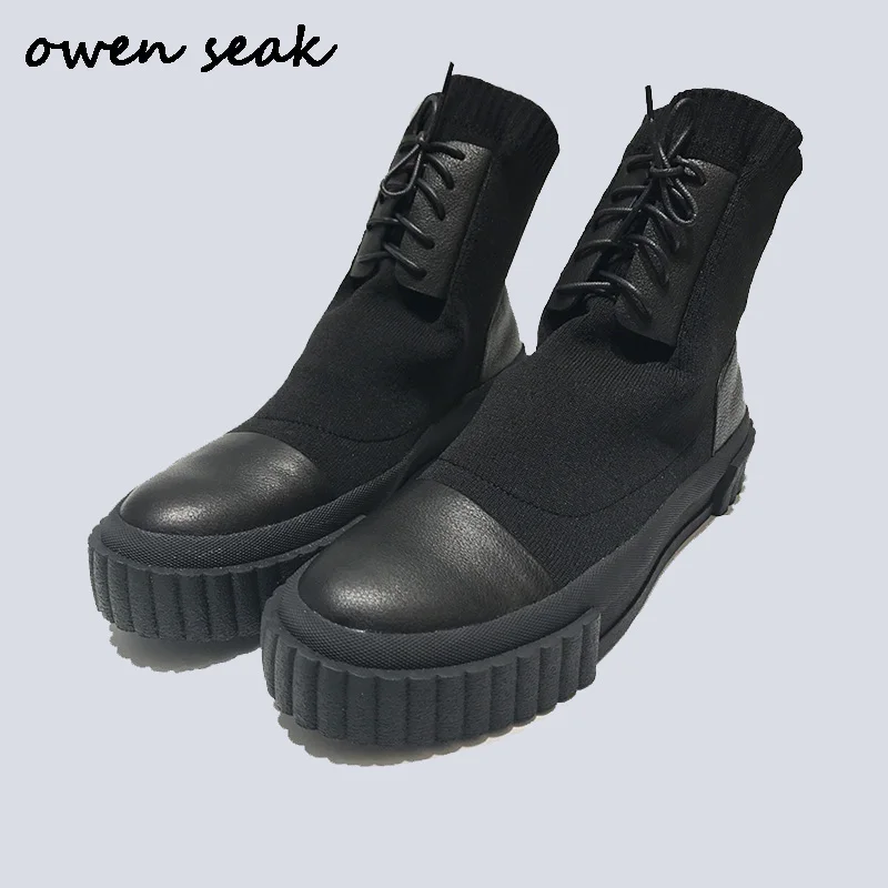 

Owen Seak Men Shoes Leather Ankle knitting shoes Luxury Trainers Winter Snow Boots Casual Sneaker Lace-up Sock Flats Black Shoes