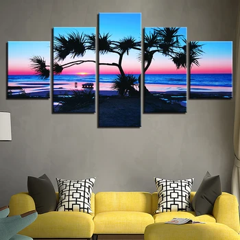 

Artryst Canvas Painting Home Decor HD Prints Sea Poster Wall Art 5 Pieces Sunrise Beach Tree Seascape Pictures For Living Room