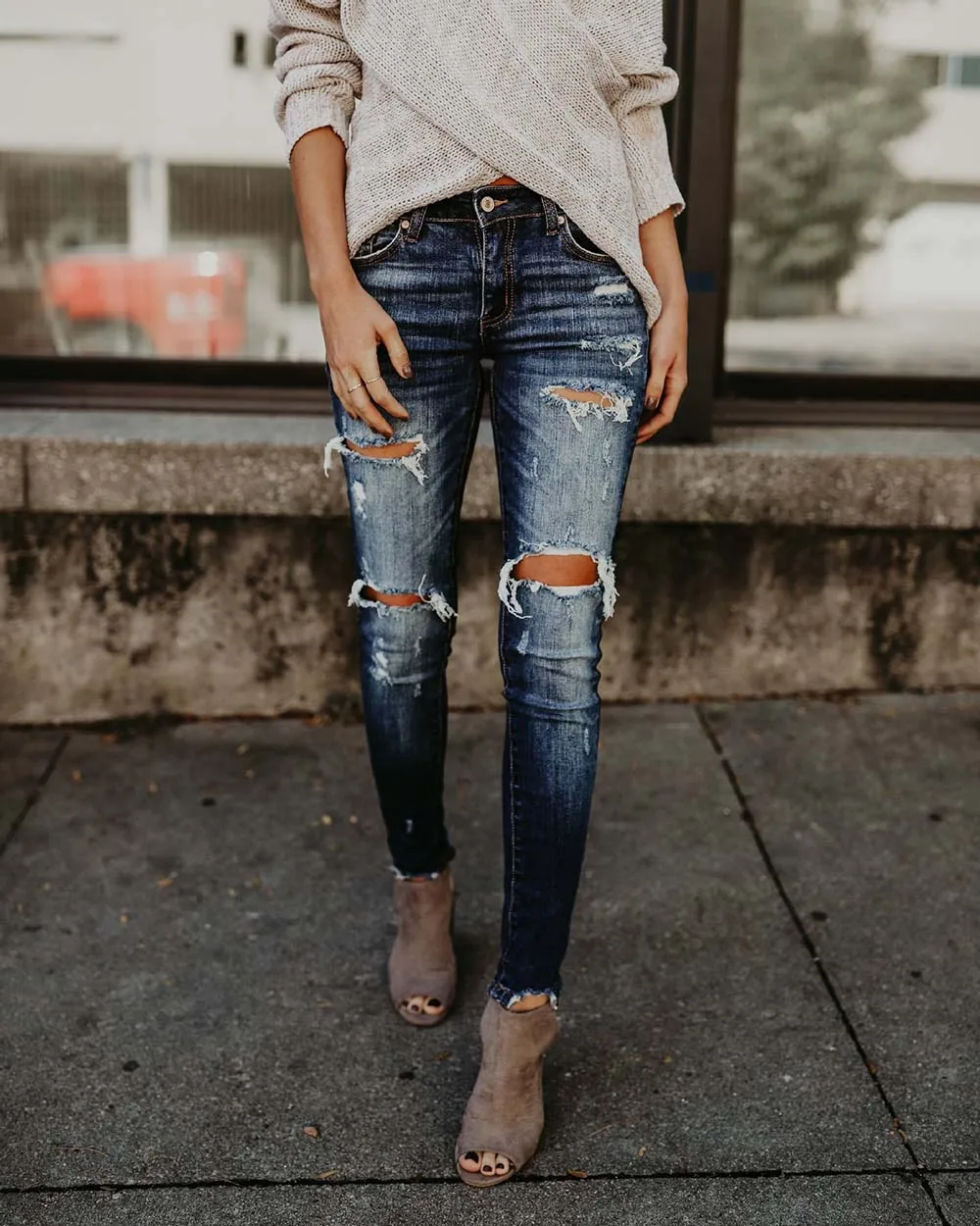 

Women Sexy Ripped Denim Jeans Skinny Hole Pants Stretch Daily Shredded jeans Slim ladies High Waist Pencil Trousers light