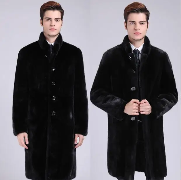 

Black thicken stand collar fashion warm faux Mink fur coat mens leather jacket men long coats slim winter thermal outerwear