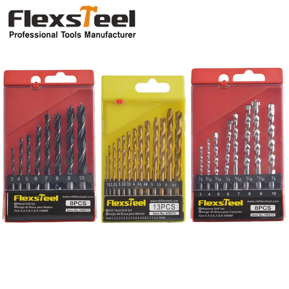

Combination Drill 13PCS HSS Titanium Twist Drill Bits Set to Metal + 8PCS Wood Drill Bit Set + 8PCS HSS Rock Concrete Drill Set