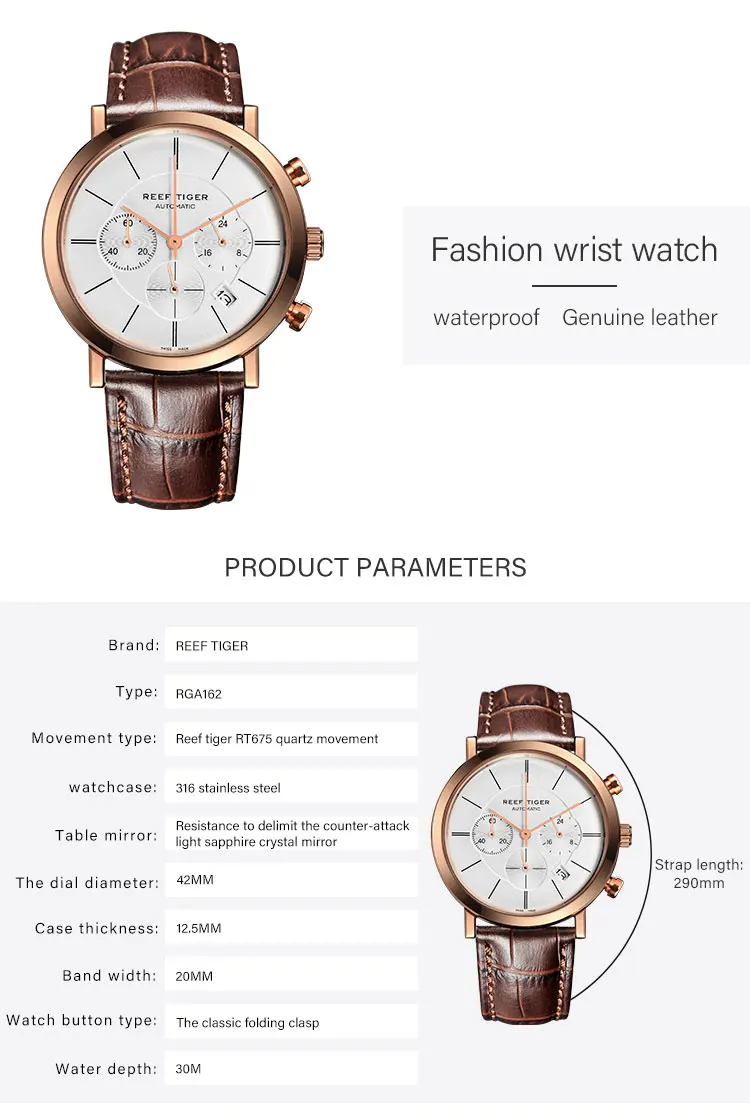 Reef Tiger/RT ультра тонкие деловые часы для мужчин, розовое золото, кожаный ремешок, часы кварцевые хронограф часы с датой RGA162