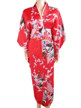 Red Japanese Women’s Silk Satin Kimono Yukata Evening Dress Haori Kimono With Obi peafowl One Size H0040-A