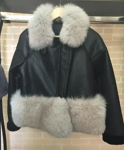 Женская зимняя куртка, бренд знаменитостей, натуральная замша, кожаная шуба, Толстая теплая шуба из натурального Лисьего меха с воротником из овечьей шерсти - Цвет: black grey