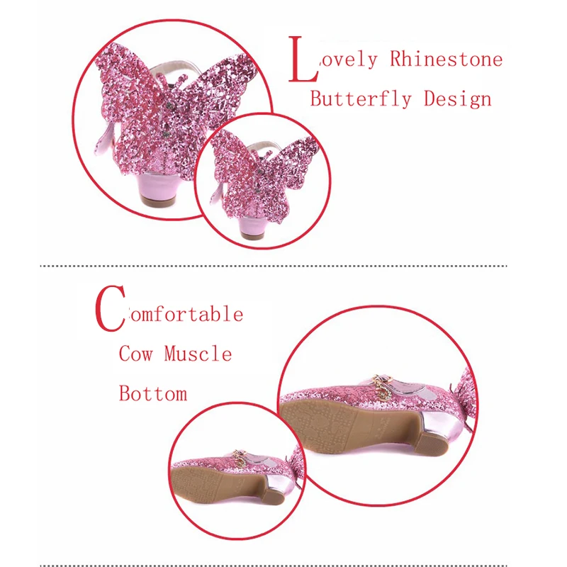 Обувь для девочек на высоком каблуке с бабочкой Сандалии Детская Стразы с блестками для принцессы, танцевальная обувь, 2 цвета