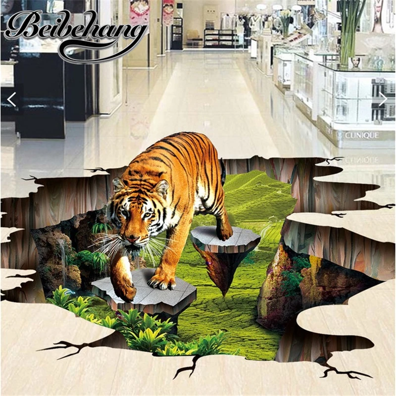 

beibehang Custom photo 3d flooring mural self - adhesion wall sticker 3 d Tiger outdoors to draw painting 3d murals wallpaper