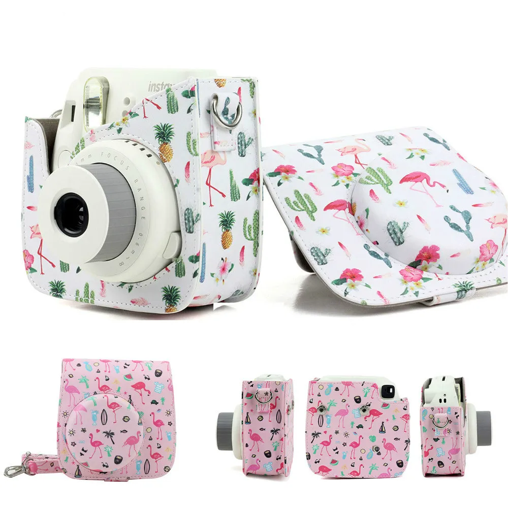 Дешевый Фламинго растворимый пакет чехол для Fujifilm Instax Mini 9 8 8 + случае Instant сумка из полиуретана чехол для камеры с плечевым ремнем