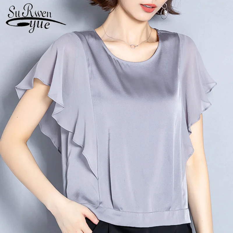 

summer short sleeve women's blouse 2019 plus size blouse women shirt o-neck solid chiffon blouse womens tops and blouses 4893 50
