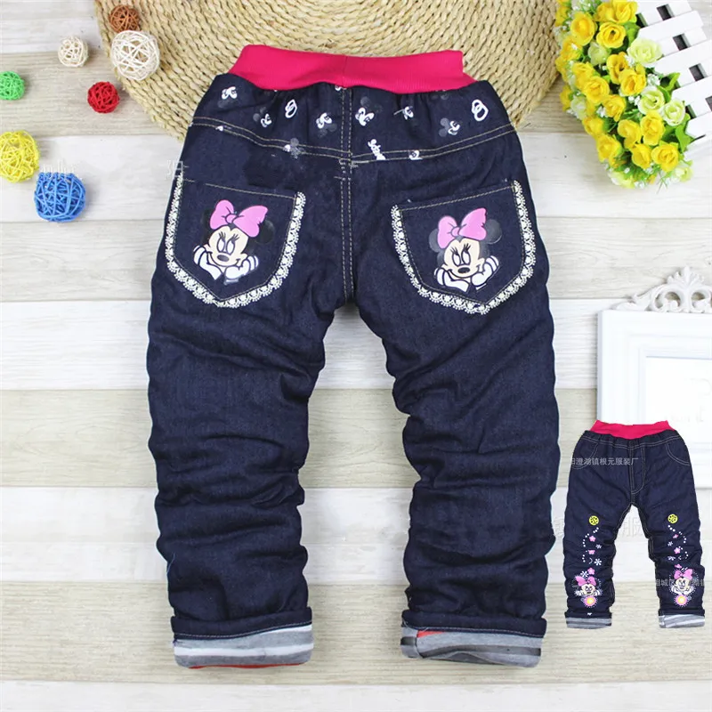Модные Штаны для маленьких девочек и мальчиков; детские джинсы; брюки с изображением Минни; сезон осень-зима; леггинсы; брюки; джинсы с Микки Маусом; детские джинсовые штаны