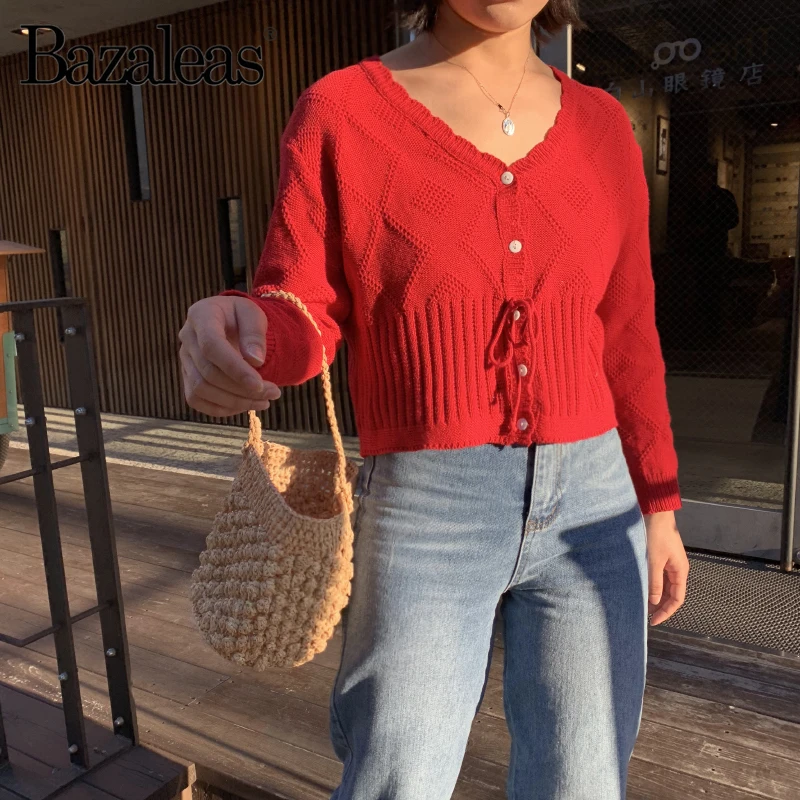 Bazaleas, модные женские вязаные кардиганы, красный центральный свитер пуговицы, винтажный облегающий женский свитер на каждый день