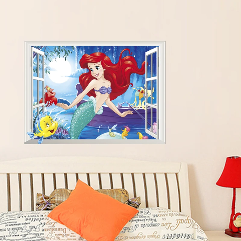 Disney Cartoon Mermaid Princess 3D Window Wall Stickers For Home Decoration Kids Room Mural Art Girl's Decals Anime PVC Posters