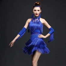 Сценическое представление Женская Одежда для танцев костюм с вышивкой 3 шт. комплект с рукавами Бальные с бахромой латинские платья женские соревнования