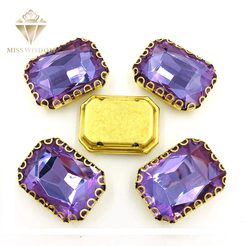 

Hot 8X10/10X14/13x18mm sew on rhinestones Crystal violet Rectangle gold base lacy shape claw glass rhinestones Diy accessories