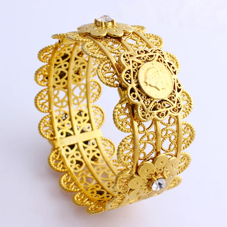 Marca de Luxo Estilo da Cor do Ouro Pulseiras de Casamento com Zircão para o Meio Mulheres Grande Bangle Dubai Africano Jóias Presente Leste jh 68mm