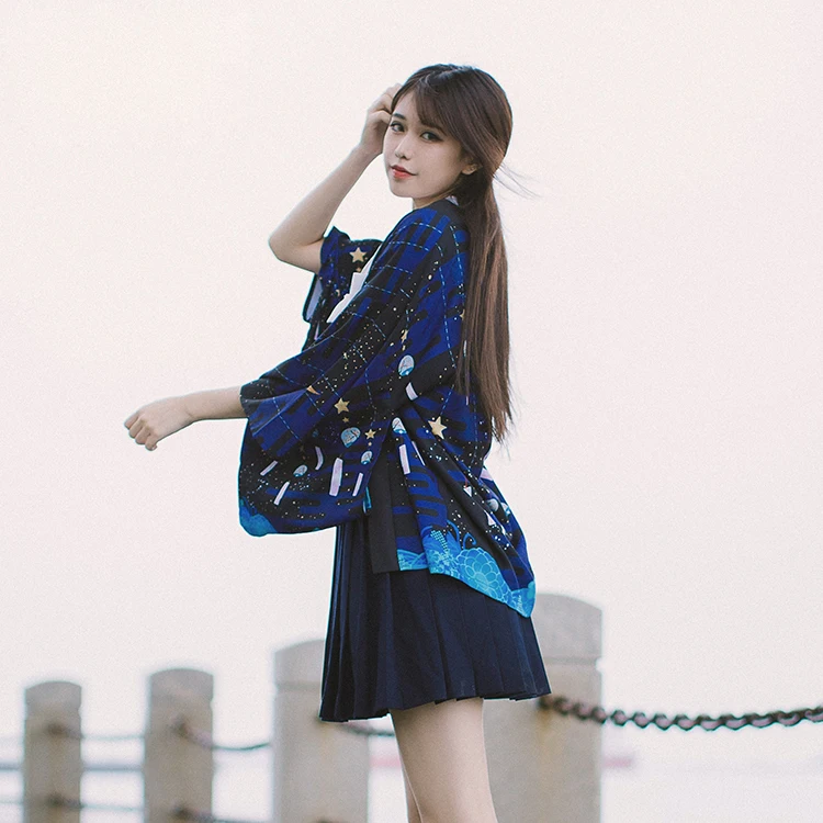 Japanese Style Star Moon Windbell Print Kimono Haori Yukata Fashion Summer Sunscreen Cardigan Coat Women Men Cosplay Couple Tops