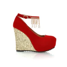 Bling Ankle Strap High Heels Platform Women Shoes Elegant Dress Shoes Bling Heels Red/Blue/Black Women Shoes Wedges 5292