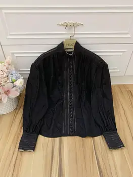 

In the summer of 2020 the new collar long sleeve button more than single package hollow-out stripe decoration silk cotton shirt