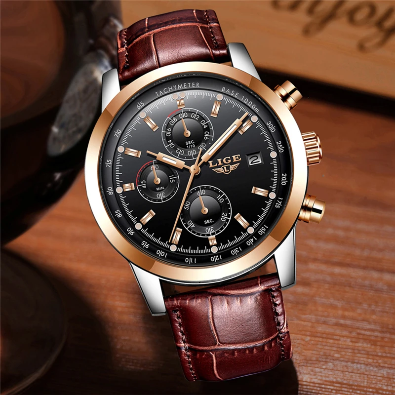 2018New LIGE Mens Watches Top Brand Luxury Leather Quartz Watch Men Military Sport Waterproof Clock Gold Watch Relogio Masculino