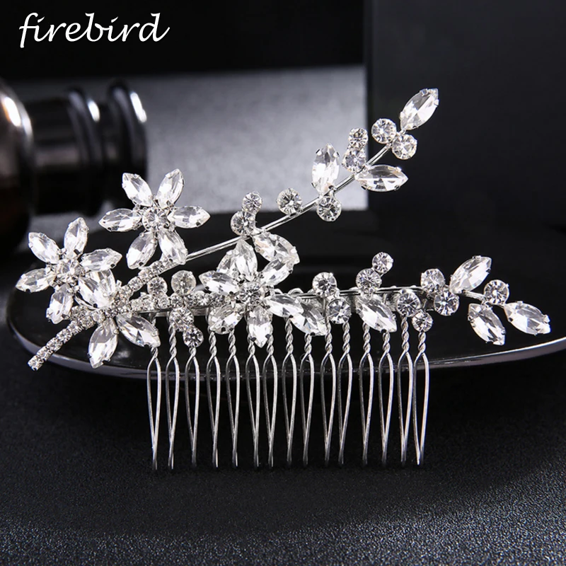 Роскошный цветок Серебряный Кристалл Rhinestone Свадебный гребень для волос клип
