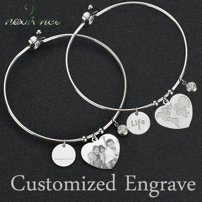 

Nextvance Personalized Engrave Photo Words Bangle World Map CZ Stone Heart Pendant Bangles for Women Men Gift Unisex Jewelry