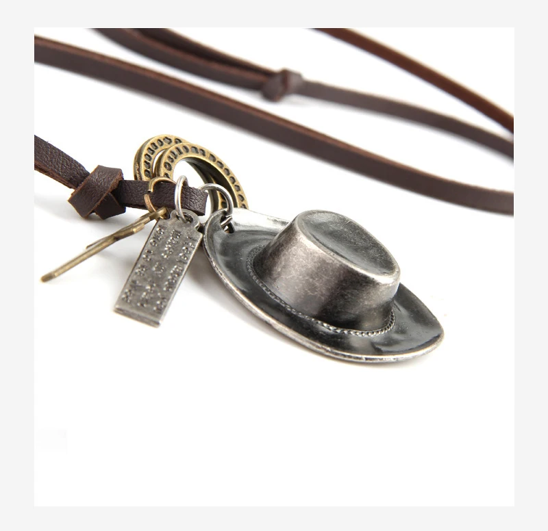 NIUYITID Men's Necklace & Pendants Retro Antique Silver Bronze Cowboy Hat Jewelry Boys Necklaces For Women Leather Vintage (4)