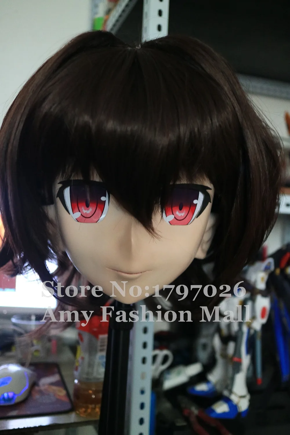 100% Handmade Silicone Full Head Kigurumi Masks Cosplay Pink Eyes Brown Hair Crossdresser Kigurumi Mask with Wig Can Customized