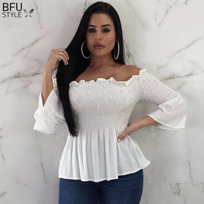 Off Shoulder Pearl Blouse Shirt Sexy Women Ruffle Sleeve White Red ...
