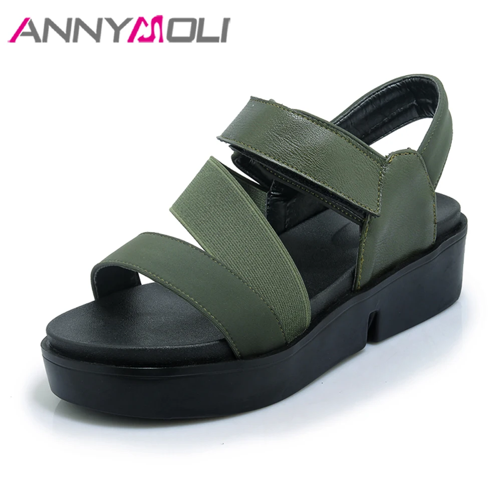 

ANNYMOLI Women Sandals 2018 Summer Shoes Gladiator Platform Sandals Mid Heels Wedge Shoes Rome Casual Ankle Strap Shoes Green
