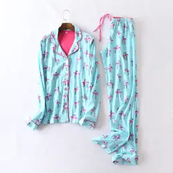 Пижама с принтом Фламинго из хлопка с длинными рукавами и штанами, Весенняя Пижама с героями мультфильмов, Женская домашняя одежда для сна